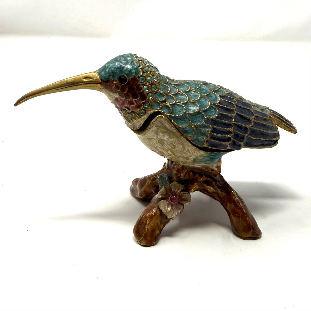 Vintage Enameled Hummingbird Trinket Box Jeweled Crystal Bird Figurine Teal Gold
